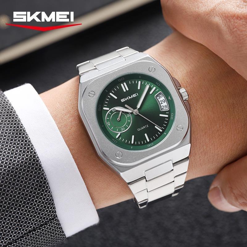 Mens Analog Quartz Wrist Watch Waterproof Luminous Dial Calendar Window Steel Band Square Dress Watches