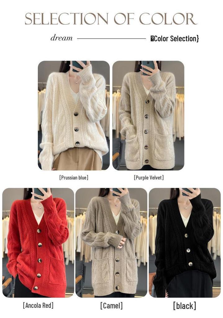 V-neck Pure Wool Loose Knit Cardigan – Long Sleeve Autumn/Winter Sweater