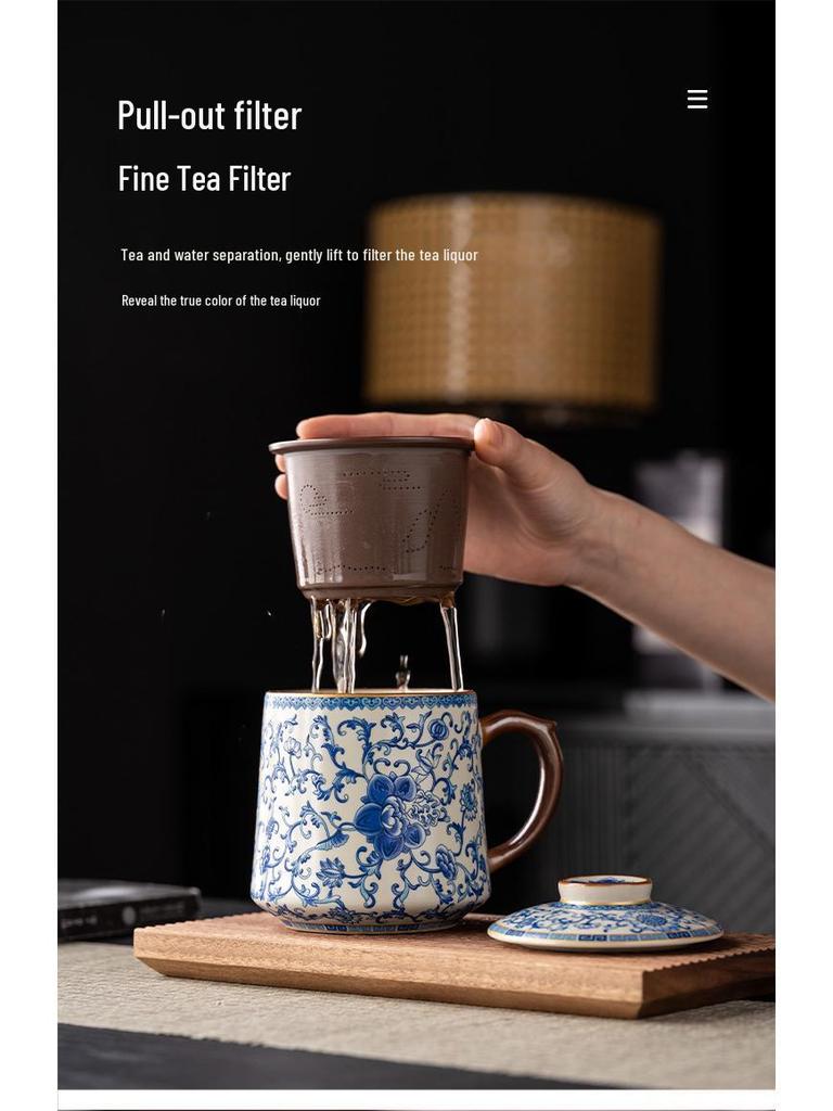 Ru Ware Blue & White Ceramic Office Tea Cup with Lid & Separator