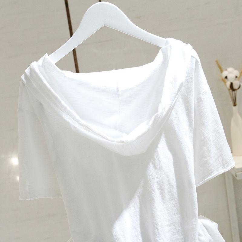 Unisex Hooded Short Sleeve Top Loose Fit Casual Hoodie Solid Color Drawstring Button Front Milk Silk Summer Basic Tee