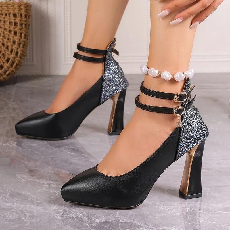 Spring and Summer Elegant Rhinestone Decorated Sexy Fashionable Women's Shoes Comfortable Casual High Heels Chaussure Femme