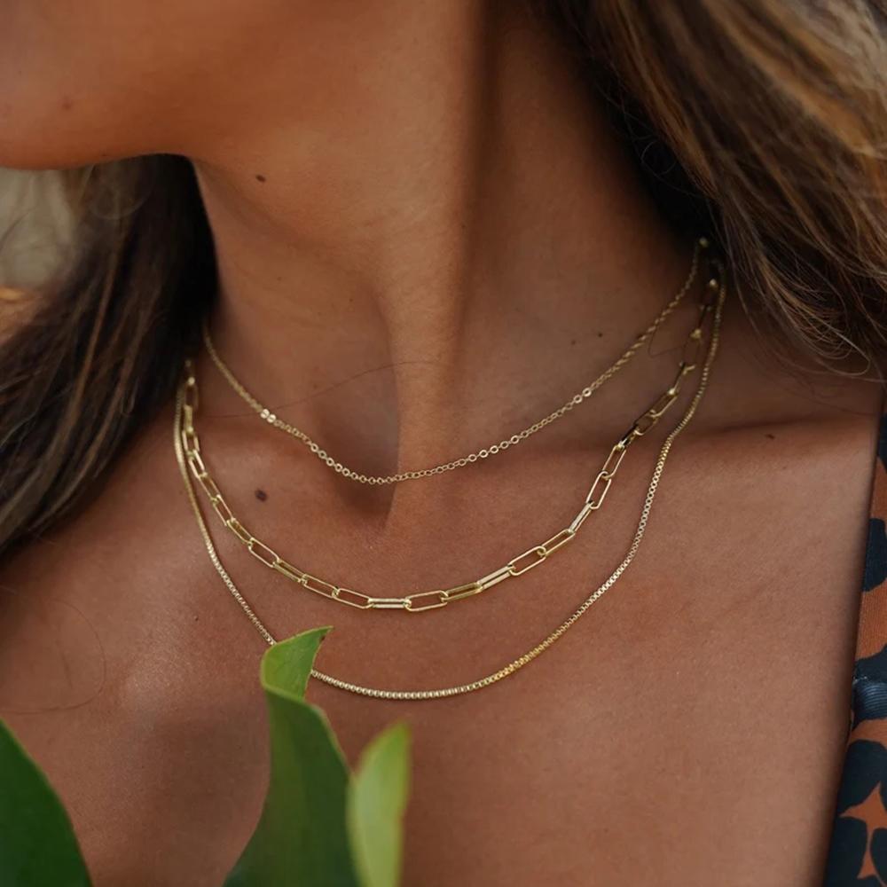 Yori Geometric 18K Gold Plated 3mm Snake Chain Layer Necklace Gift Stainless Steel Triple Layer Snake Chain Necklace For Women