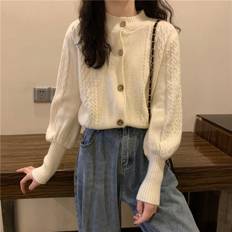 Cardigan Female Spring and Autumn 2023 Bubble Long Sleeve Fried Dough Twists Sweater Cardigan Loose Top Short Knit Coat Women