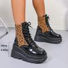 Fashion Leopard Color Block Single Boots Women's Fashion Round Toe Platform Lace-Up Front Non-Slip Wear-Resistant Wedge Booties