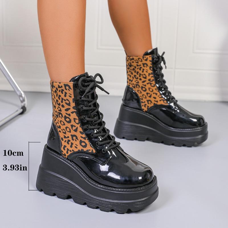 Fashion Leopard Color Block Single Boots Women's Fashion Round Toe Platform Lace-Up Front Non-Slip Wear-Resistant Wedge Booties