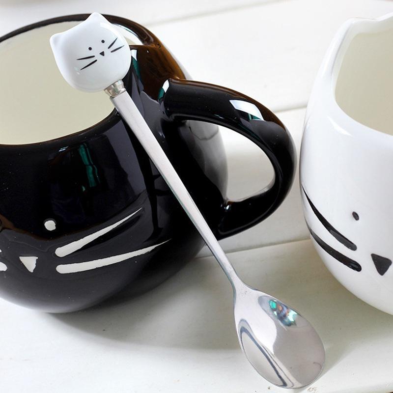 Cute Black/White Cat Stainless Steel Spoon Cartoon Lovely Coffee Milk Tea Ceramic Stir Spoon