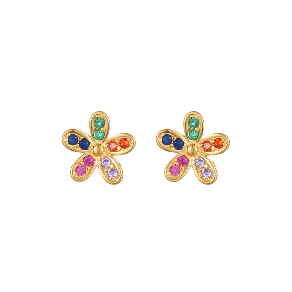 Luxury 18K Gold Plated S925 Silver Rainbow Flower Cluster Stud Earrings, Sparkling Multi-Color CZ Floral Earrings for Women