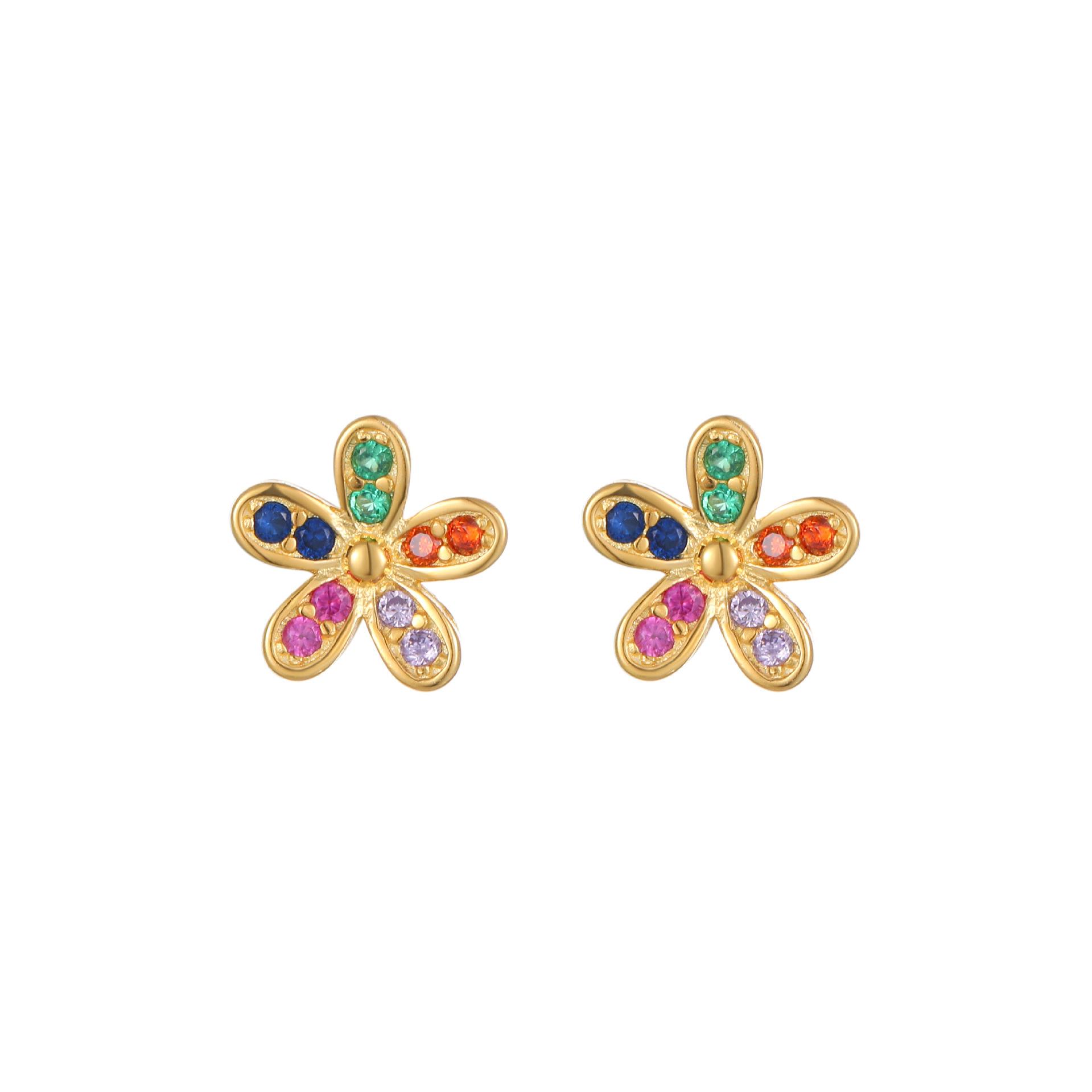 Luxury 18K Gold Plated S925 Silver Rainbow Flower Cluster Stud Earrings, Sparkling Multi-Color CZ Floral Earrings for Women золотой