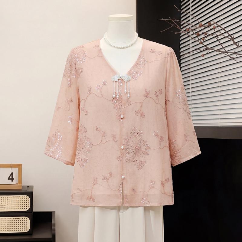 Yu Zhaolin Women s Summer Sequin Embroidered V-Neck Top 4XL