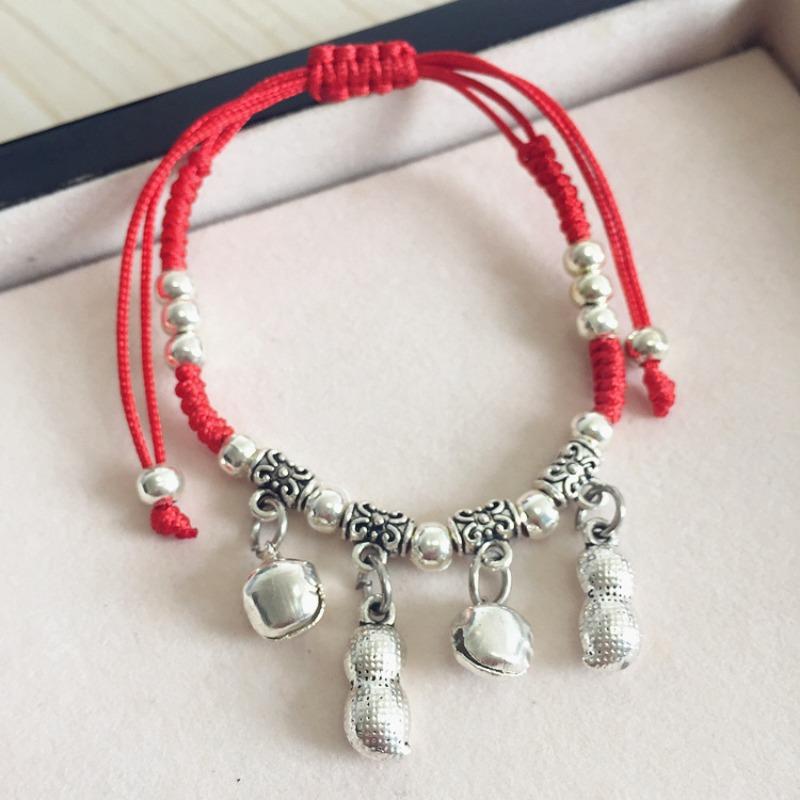 Retro red rope bracelet, small fresh couple bell, long life lock, safe anklet, handmade hidden silver jewelry.