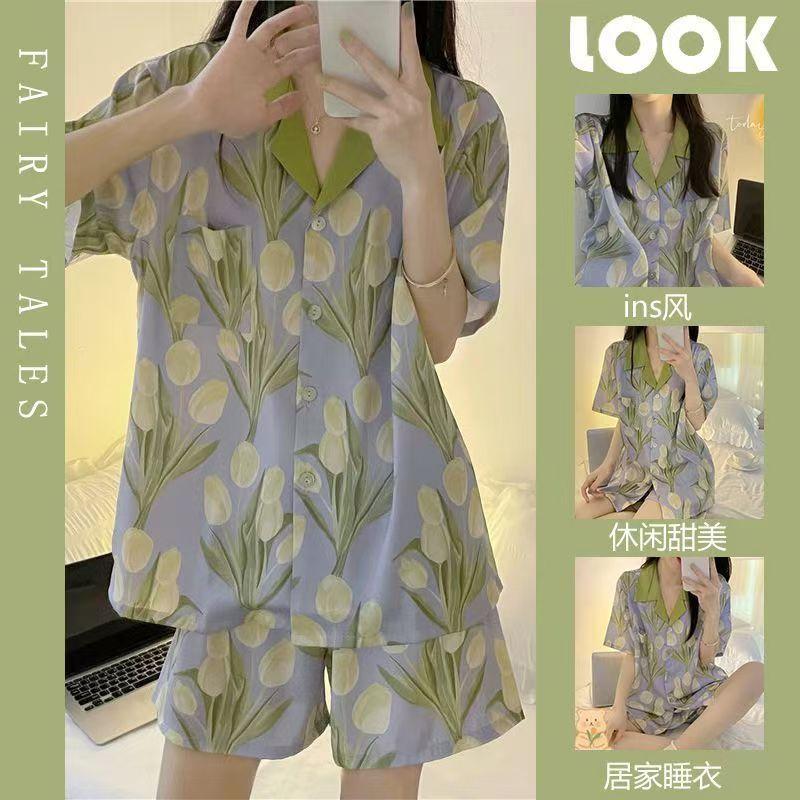 Full print tulip girls pajamas summer cardigan lapel two-piece set student dormitory casual loungewear two-piece set s [recommended weight 35-40kg ]