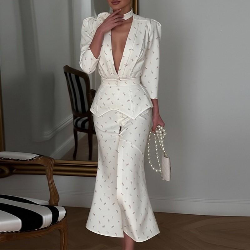2026 Womens Elegant Office-Ready Long Sleeve V-Neck Printed Midi Dress Set Casual Workwear Outfit