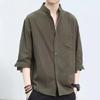 Men's Summer Cotton-Linen Retro Shirt, Stand Collar, Seven-Sleeve, Loose Fit, Japanese & Korean Style