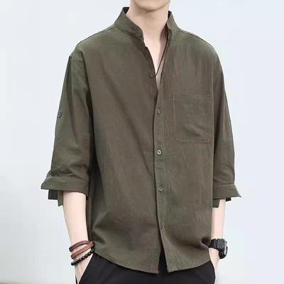Men's Summer Cotton-Linen Retro Shirt, Stand Collar, Seven-Sleeve, Loose Fit, Japanese & Korean Style