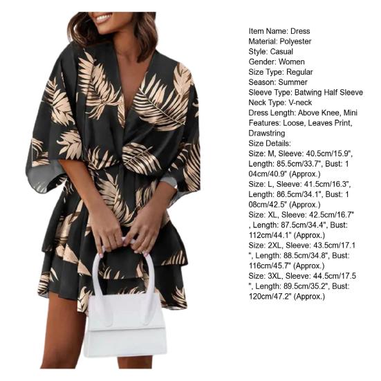 V-Neck Batwing Half Sleeve Layer Ruffle Hem Mini Dress Summer Casual Waist Drawstring Leaves Print Mini Dress Female Clothes