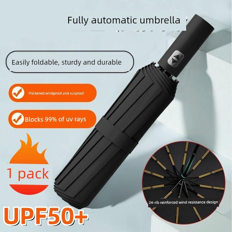 Fully Automatic Umbrella, Dual-Purpose for Rain and Sun, Thickened Black Plastic Umbrella, Portable Household Folding Anti-Uv Sunshade Umbrella