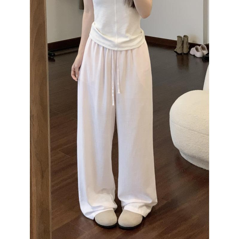 Women Summer Solid Pink Loose Wide Leg Casual Long Pants S розовый