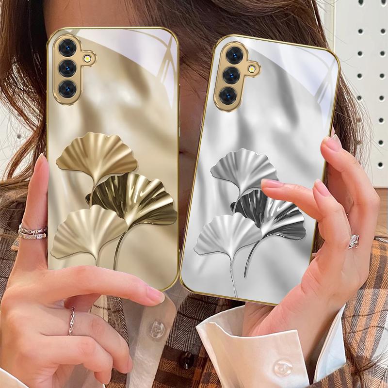 Luxurious Ginkgo Leaves For Samsung Galaxy S20 FE S21 S22 S23 Plus S24 Ultra 25Ultra S21+ S9+ S22Plus Golden glass phone case