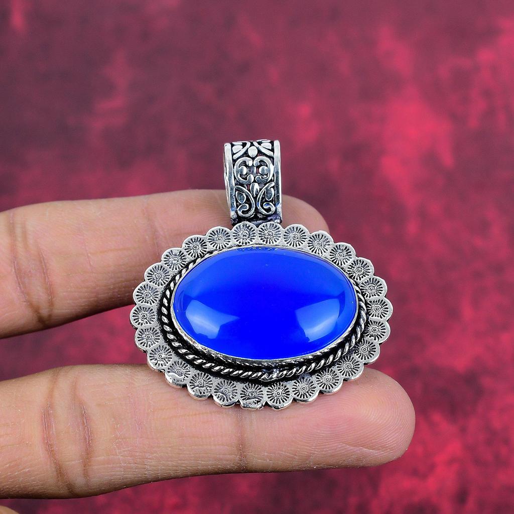 Blue Chalcedony 925 Solid Sterling Silver Pendant, Handmade Gemstone Pendant Jewelry, Gifts For Wife Brand New Pendant