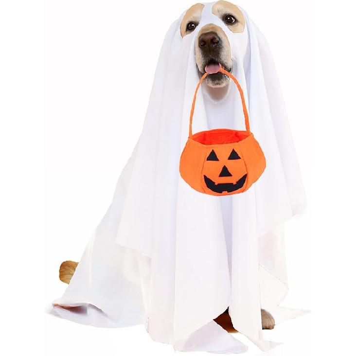 Ghost Dog Costume Set - White Ghost Costume for Dogs & Cats - Halloween Cosplay & Candy Bucket 70*100cm