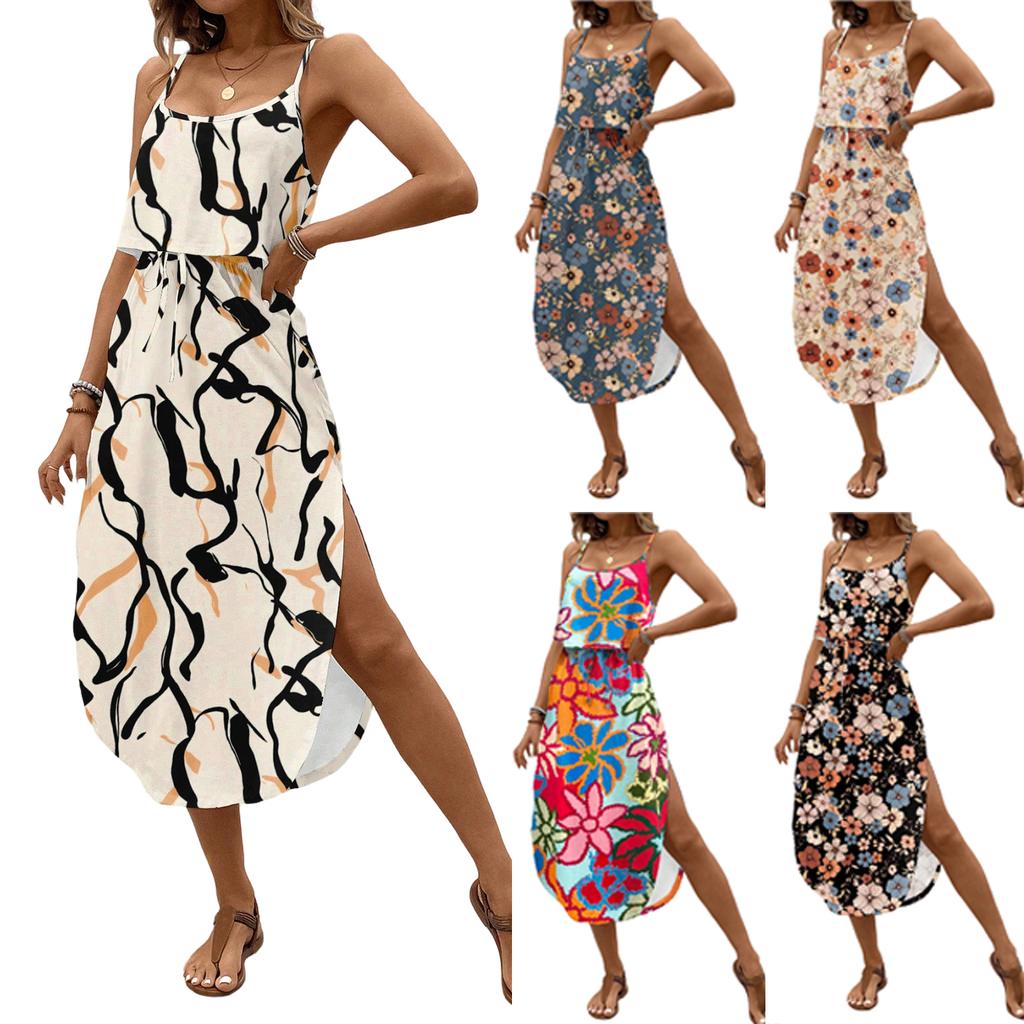 Women's Vintage Floral Print Sleeveless Dress Casual Waist Tie Midi Dress with Side Slit Summer Beach Dress