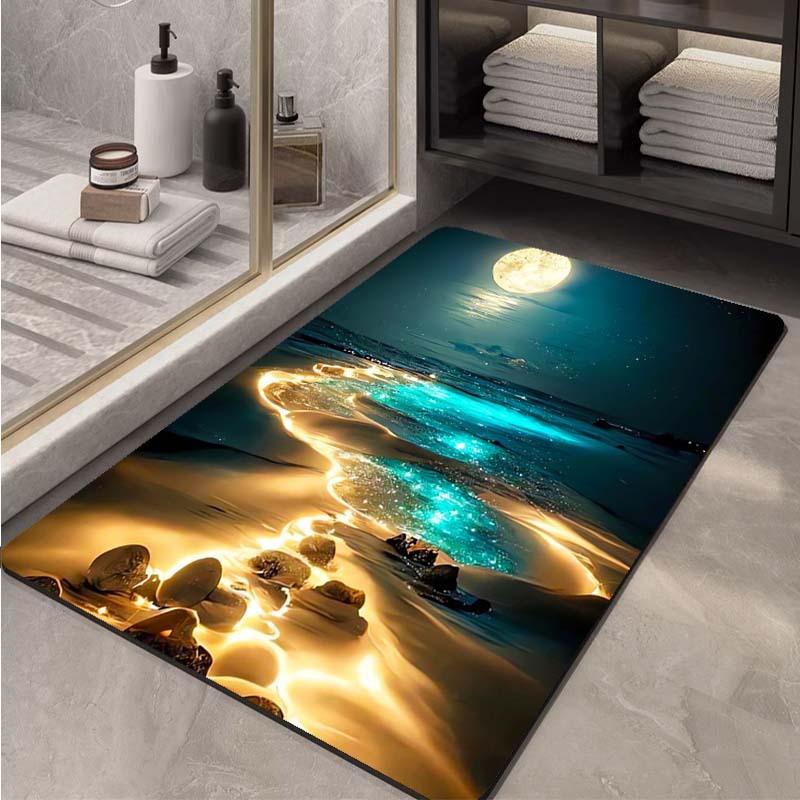 Moonlit Beach Rug Flannel Soft Kids Carpet Ocean Night Print Bedroom Kitchen Floor Mat Anti Slip
