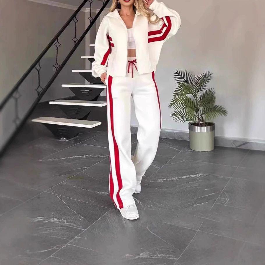 Autumn Winter Two-piece Set Women's Zipper Striped Loose Jacket Outwear and High Waist Side-striped Pants Sports Sets