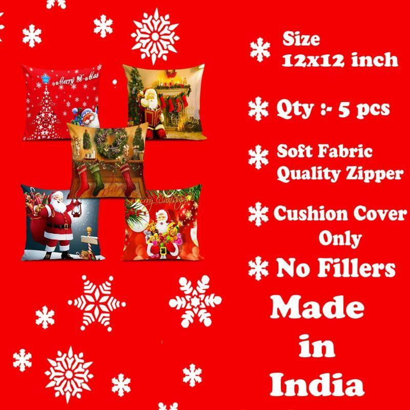 Decorative Printed Merry Christmas Theme Cushion Cover Xmas Decorations for Sofa Living Room Set of 5 12 X 12 Inch Multi