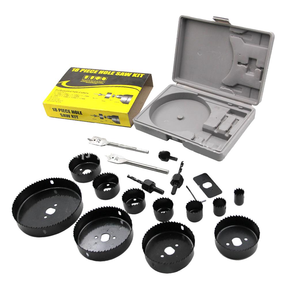 18Pcs Hole Saw Kit Bit Set Carbon Steel Power Tool Accessories with Box for Wood Metal Plastic