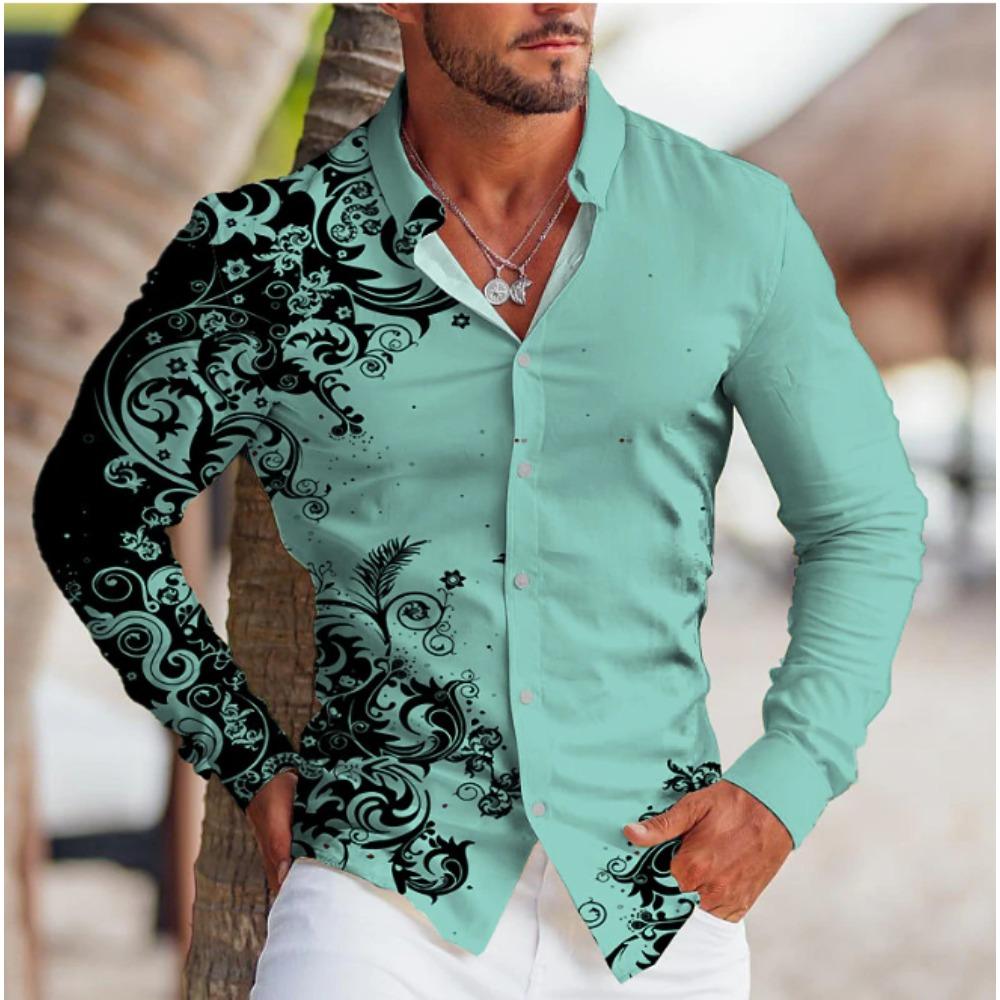 Men's Distressed Printed Long Sleeve Shirts Casual Cardigan New Button Holiday Fashion Shirts