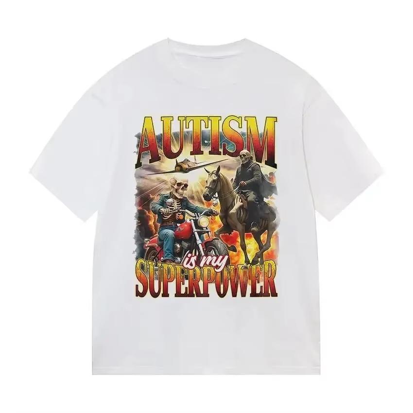 

Autism Is My Superpower Gothic Pattern TShirt Fun Casual Cute Bicycle ShortSleeve TShirt Summer Round Neck TShirt 4XL