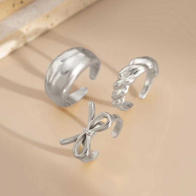 3Pcs/Set 2025 New Metal Irregular Liquid Line Open Ring Set for Women Simple Gold Color Bow Finger Ring Beach Vacation Jewelry