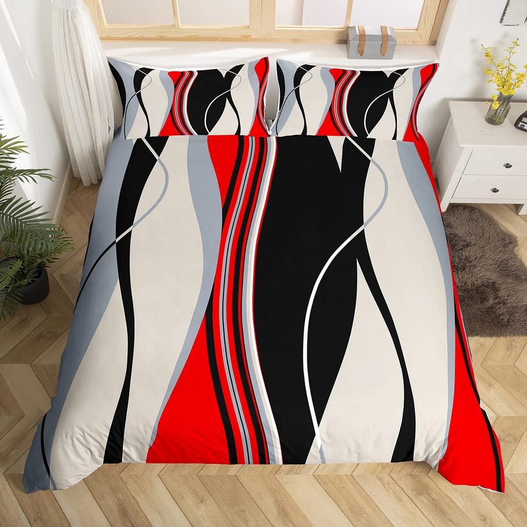 Rött Grått Vitt Randigt King Påslakan Gradient Geometriskt Sängklädesset Modernt Randigt Konst Täcköver Polyester Quiltöverdrag