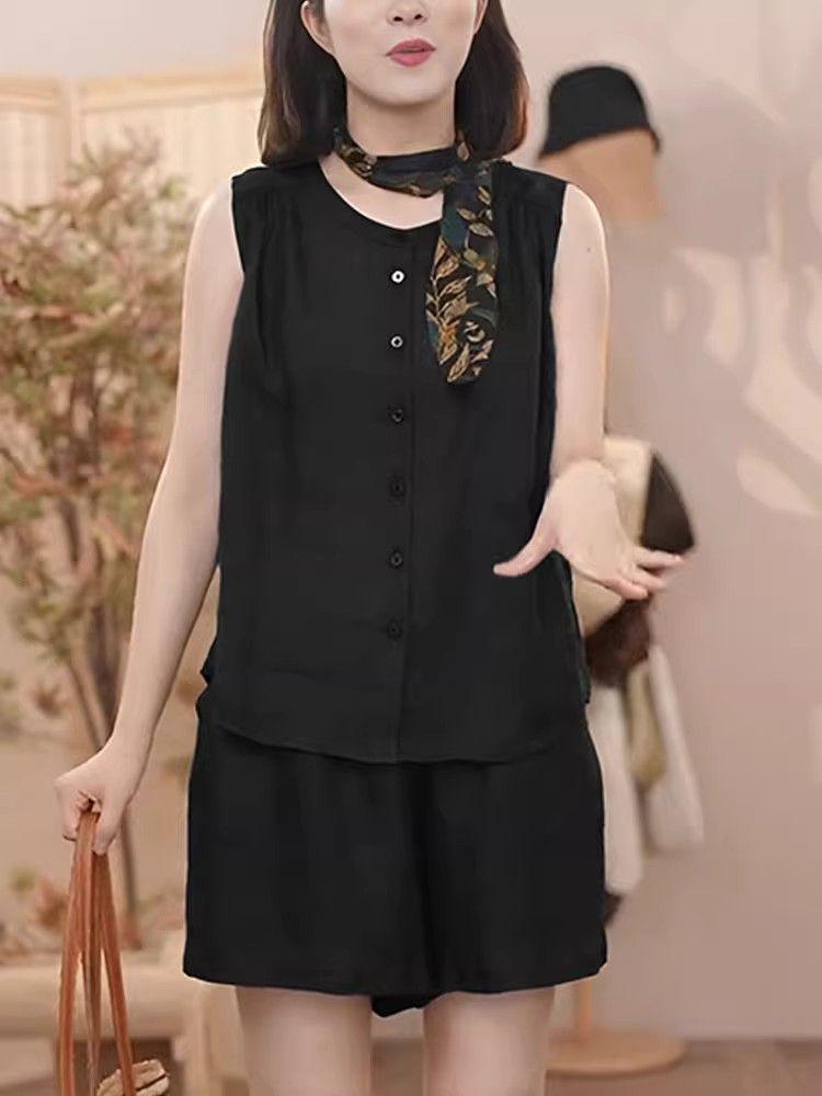 Dam Sommar Linne Slimmande Tvådelad Set: Ärmlös sporttröja & shorts