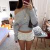 Women Loose Off Shoulder Long Sleeve Knit Cropped Sweater