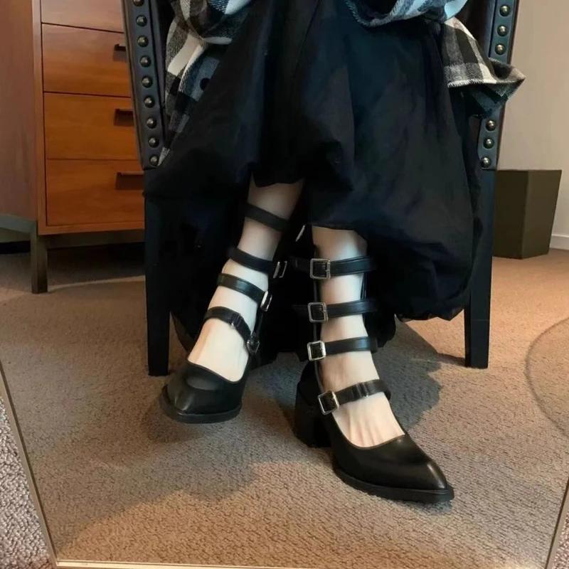 fashion Hot Selling Women's Shoes 2024 Summer Pointed Toe Solid Color Women's High Heels Fashion Buckle Square Heel Casual High Heels