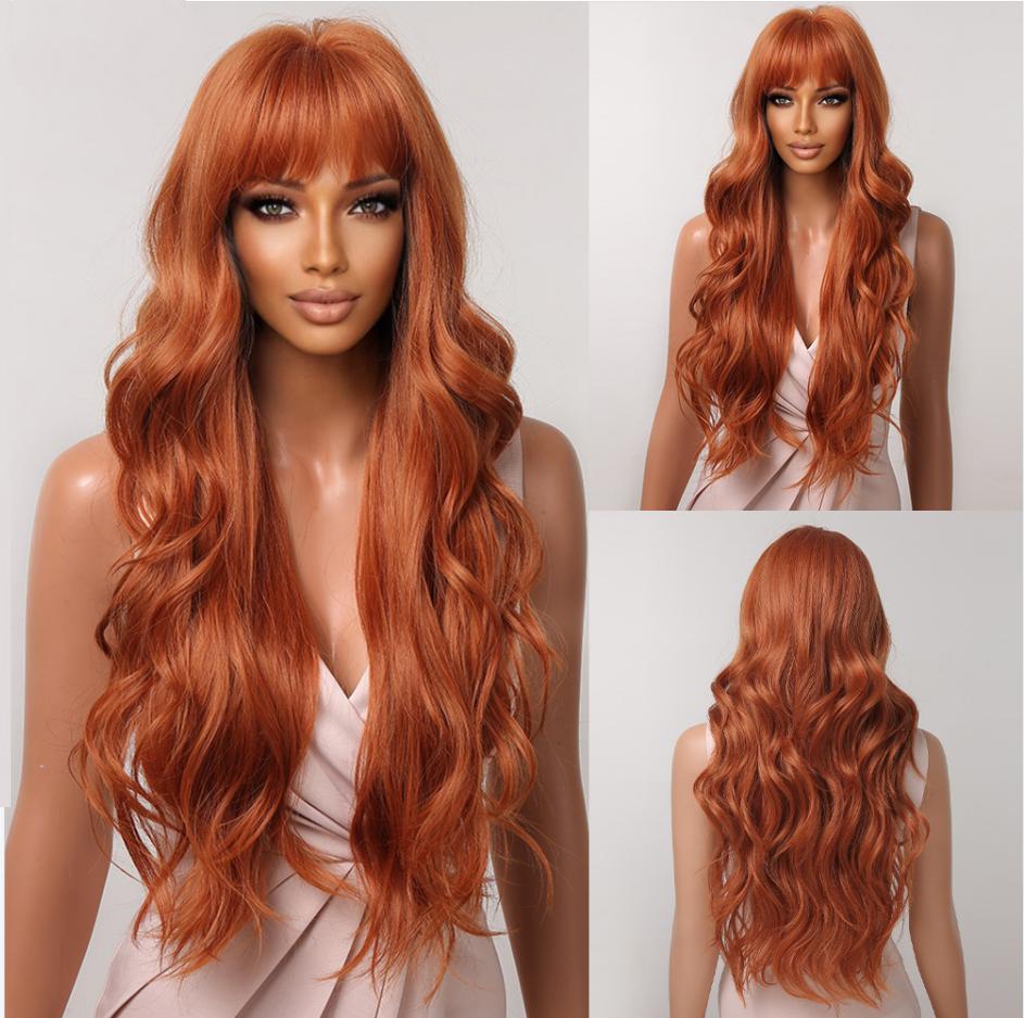 Lang Golvend Bordeaux Donkerrood Synthetisch Haar Pruiken met Pluizige Pony voor Vrouwen Wijnrood Body Wave Halloween Cosplay Natuurlijke pruik