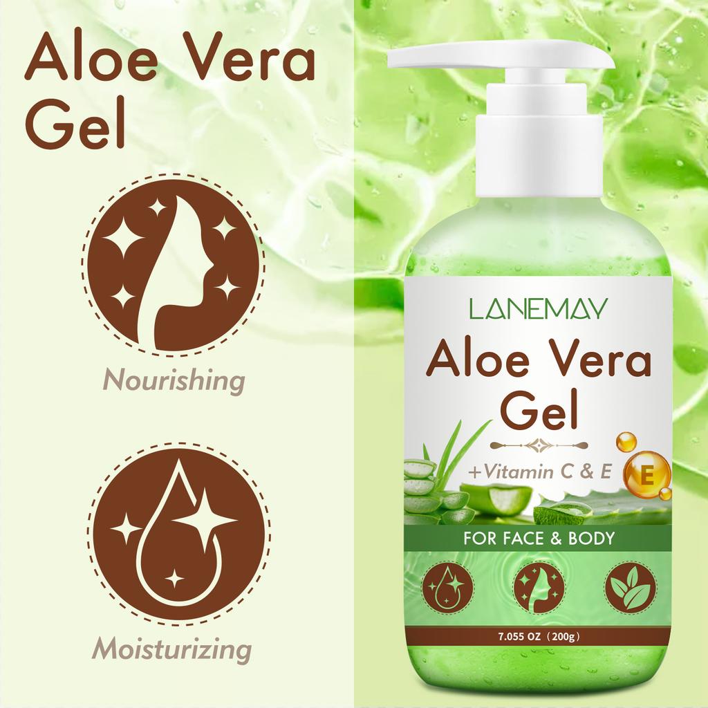 Gel de Aloe Vera con Vitamina C y E Para Rostro y Cuerpo Hidratante Humectante Reparador Alivio de Quemaduras Solares Cuidado del Acné Para Piel Sensible 200g menos