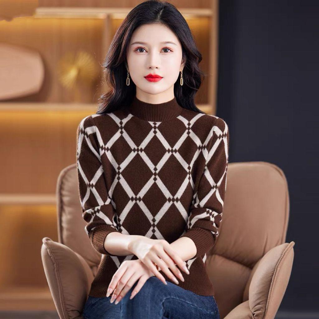 Winter Locker sitzender Pullover Spleißen Halber hoher Kragen Dicker Pullover Damen Jacquardstrick Basis