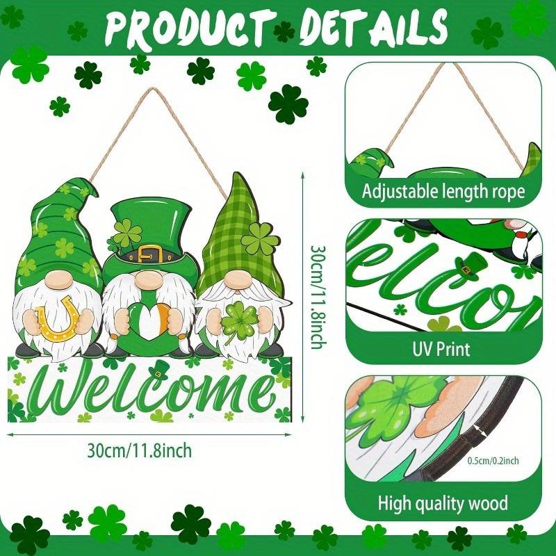 1pc Farmhouse Wooden Hanging Pendant, St. Patrick's Leprechaun Gnome Welcome Sign for Porch/Wall/Front Door Decor