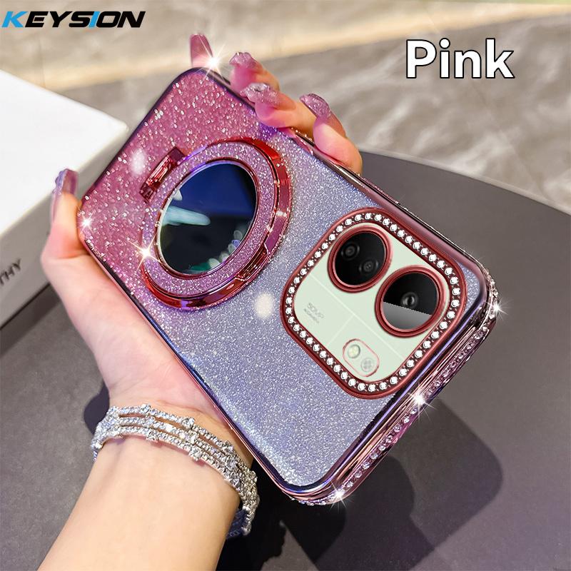 

KEYSION Luxury Glitter Jewelled Magnetic Phone Case for Redmi 13C 4G Makeup Mirror Stand Shockproof Back Cover for Xiaomi POCO C65 for POCO C65 розовый