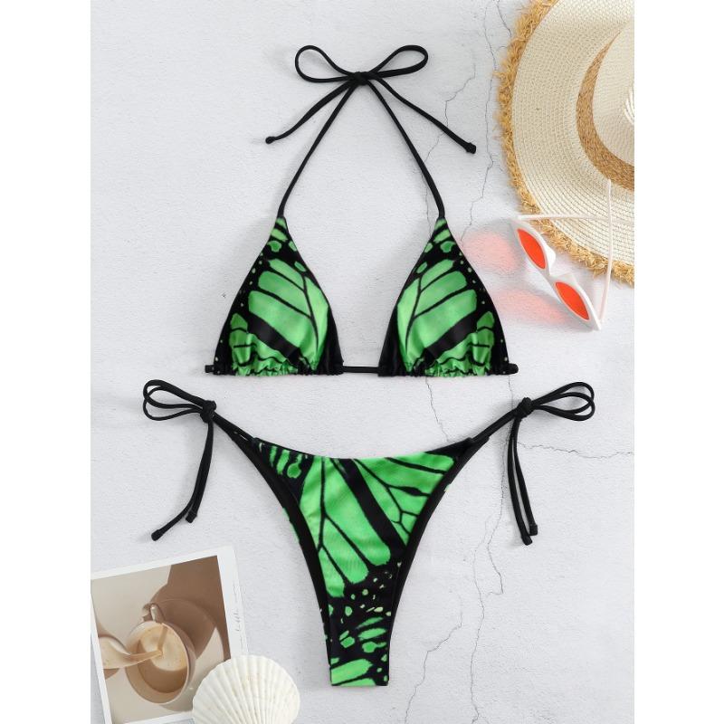 

Women s Green Butterfly Wing Print Two-Piece Bikini Set Halter Triangle Top with Side Tie Thong Bottoms S світло-зелений колір
