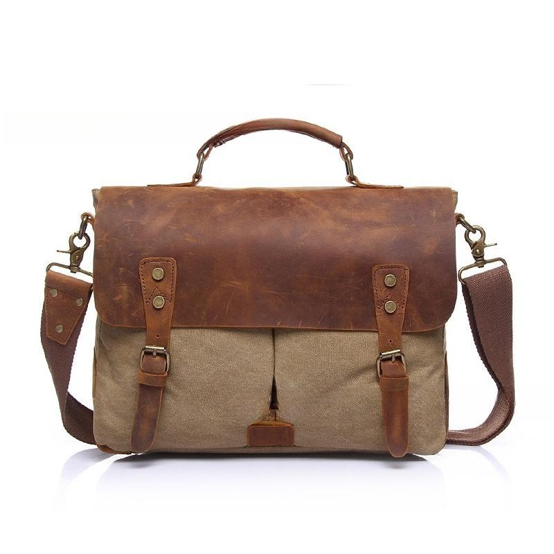 Luxury Briefcase Shoulder Crossbody Military Canvas + Genuine Leather Messenger Patchwork School Bag