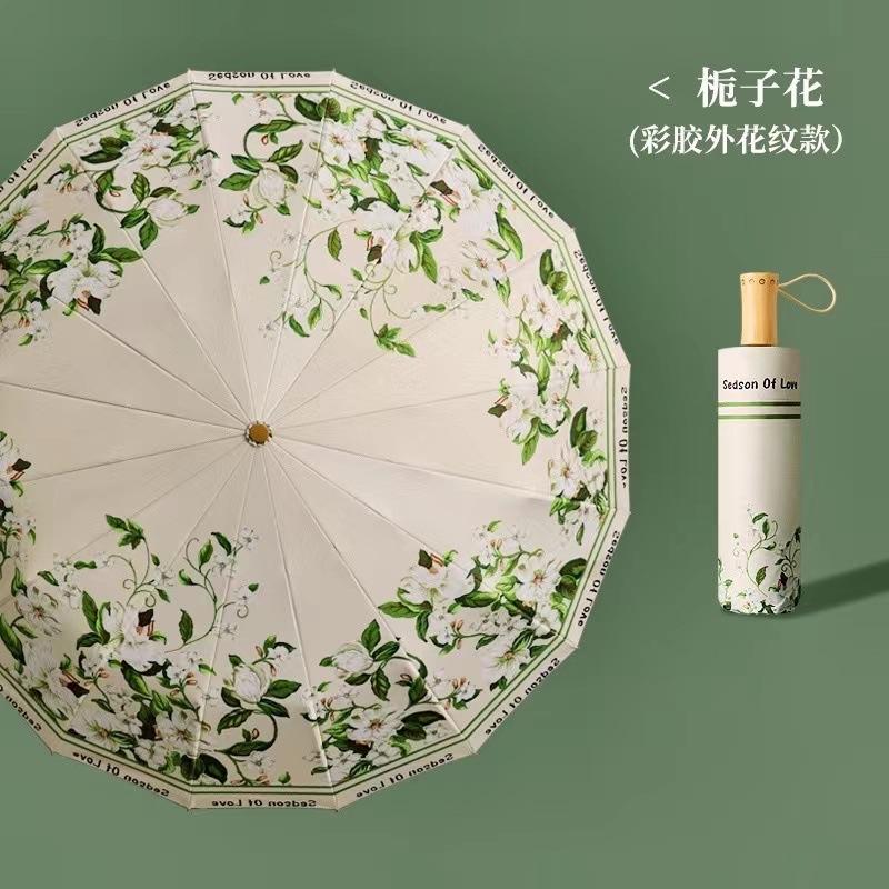 Nouveau petit parapluie frais à ouverture manuelle en trois parties à 16 baleines avec colle couleur et impression numérique météo et pluie, parapluie antique de protection solaire
