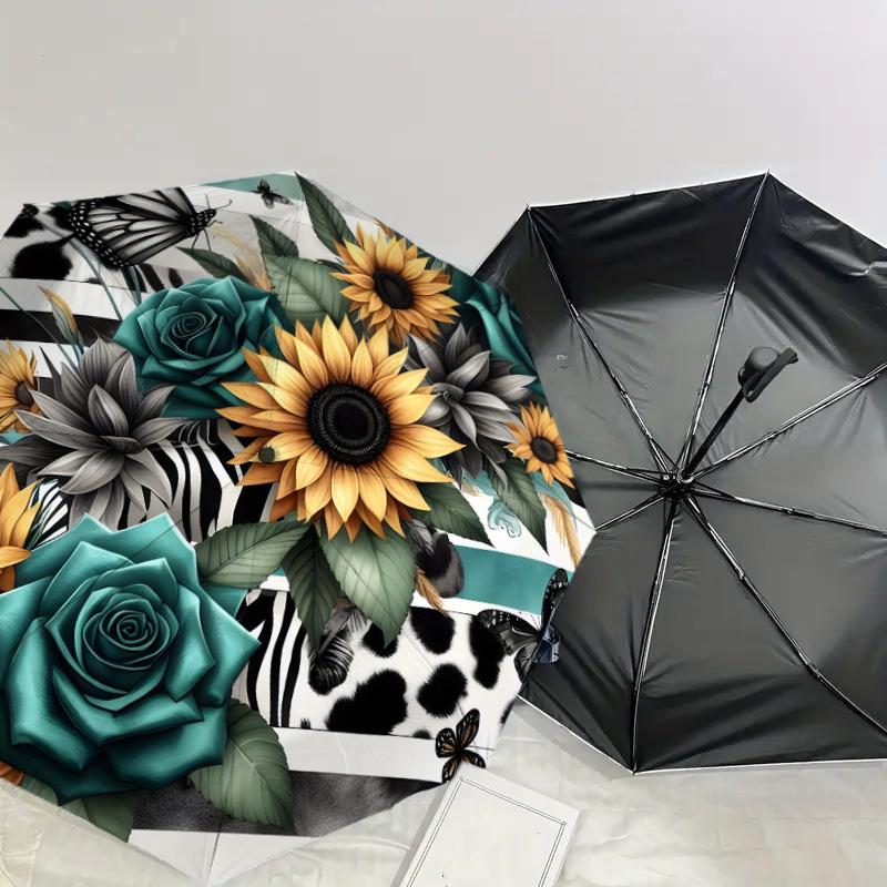 1pc Zebra Stripes and Floral Bouquet Umbrella with Plastic Handle,Suitable for All Seasons Home Travel Outdoor UmbrellaDD1402