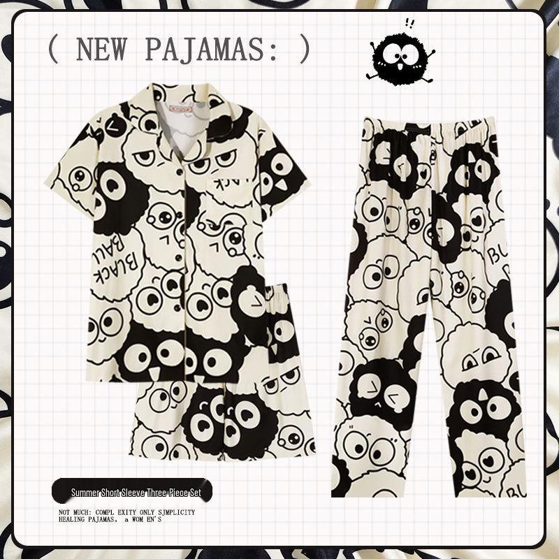 Pastoral Women's Pajama Set: Soft, Cute Rabbit Design, Short-Sleeve, Casual Three-Piece Loungewear.