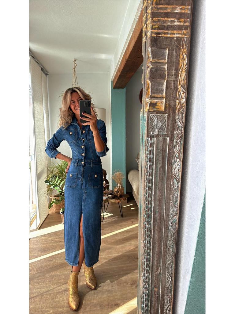 2024 Europäische & Amerikanische Mode Lässig Mehrknöpfig Langarm Denim Midi-Kleid
