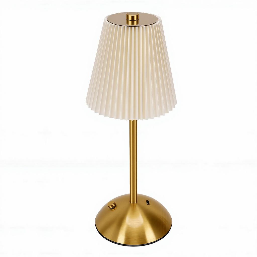 Pleated Table Lamp Metal USB Rechargeable Cordless Vintage Nightstand Lamp Decor for Bedside Living Room