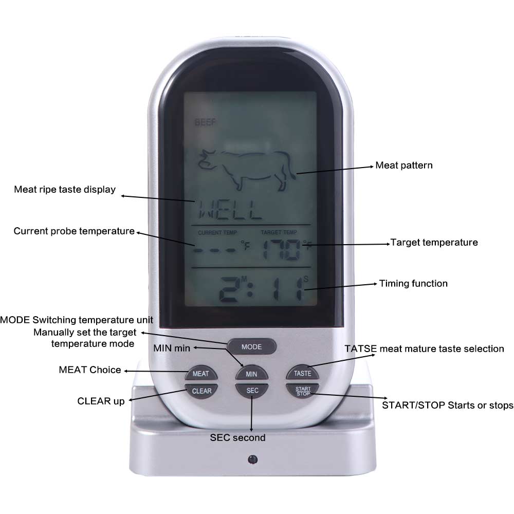 Silver Wireless Digital Meat Thermometer Temperature Sensor  For Grill BBQ Food Oven