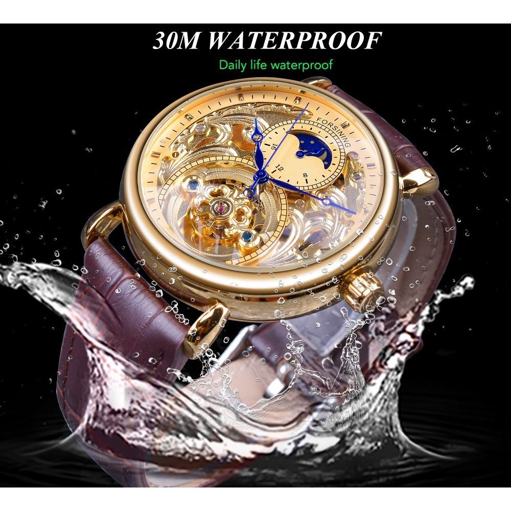 Forsining Men's Fashion Casual Hollow Moon Phase Carved Hollow Automatic Mechanical Watch GMT1125-5-W